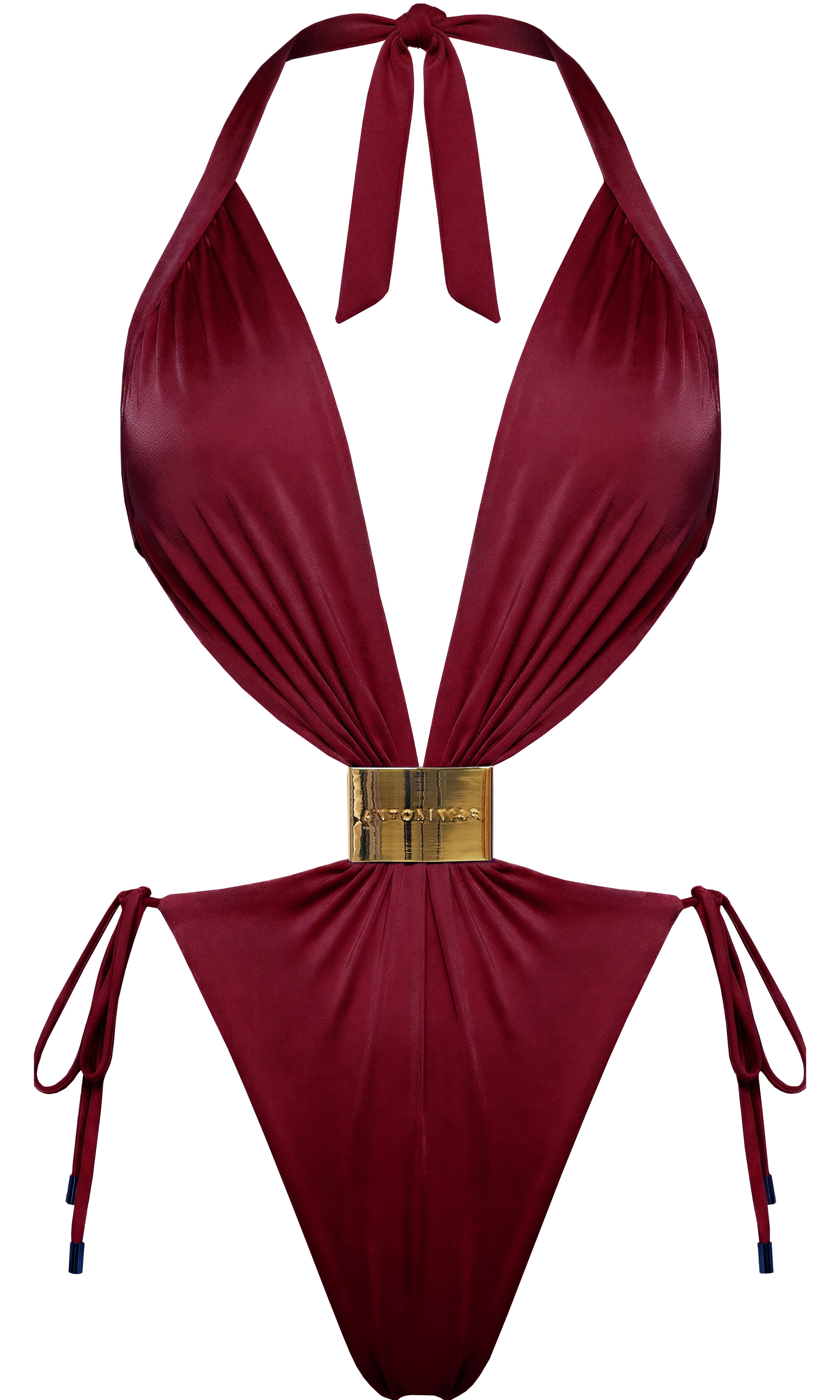 Designer burgundy one piece swimsuit with halter neck and elegant gold detail