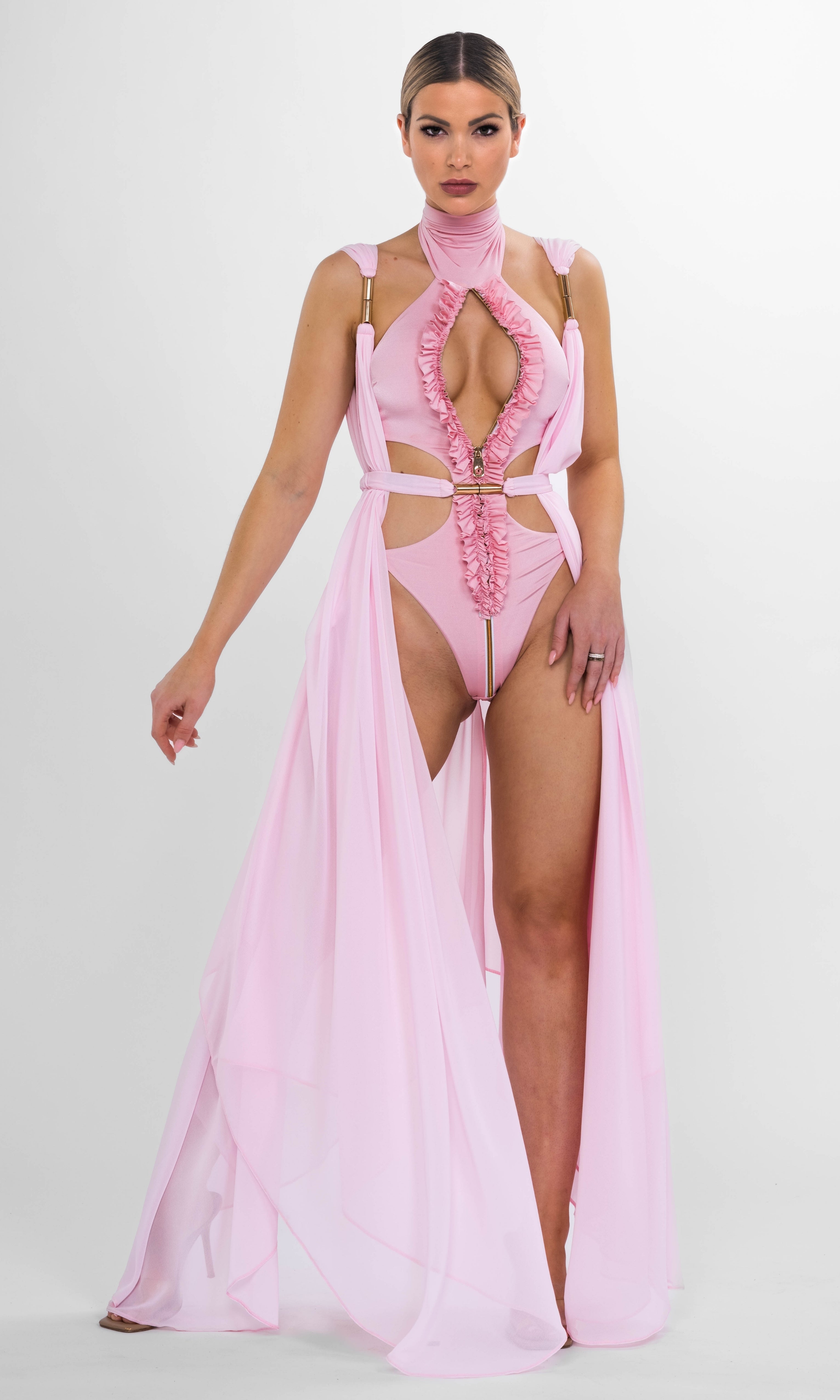 Elegant Clementine coverup in rose by Antoninias, featuring a flowy silhouette with gold details — perfect for beach and resort wear.