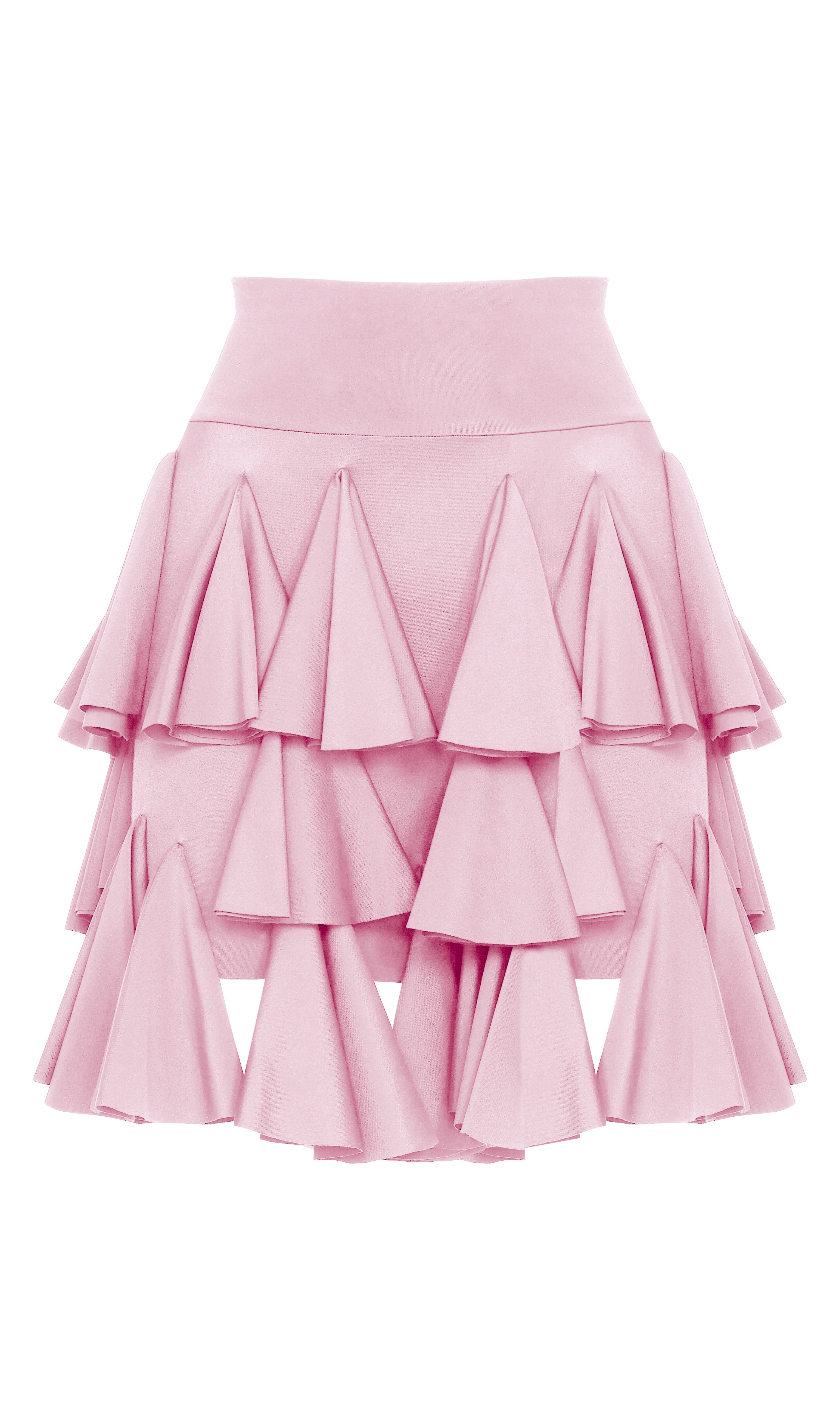 Antoninias Auras sustainable pink shorts with cascading ruffles and fitted high-rise waist, ideal for luxury beachwear and bold resort fashion.