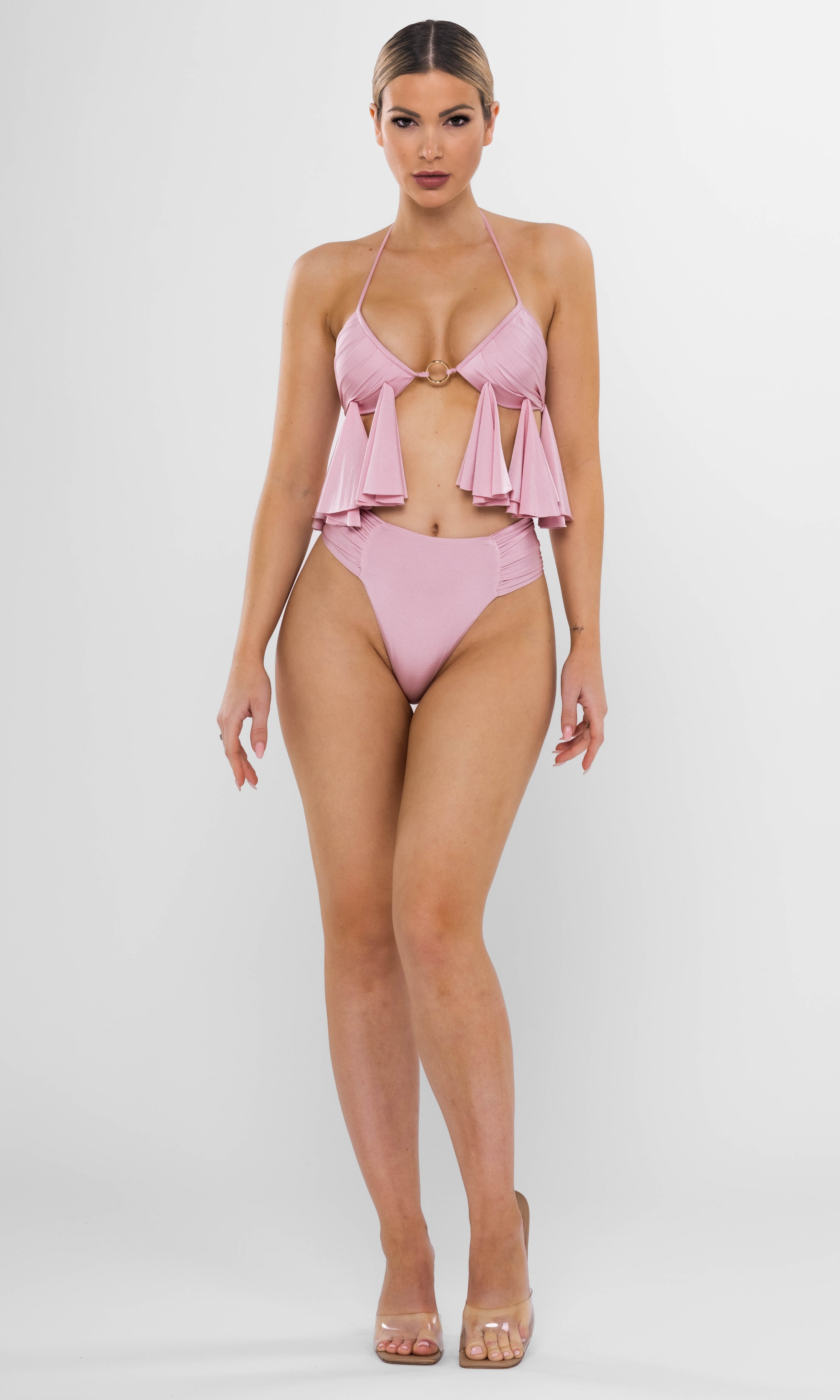 Antoninias Aurelia sustainable pink bikini top with flowy layered drapes and central gold ring, crafted for luxury beachwear and elegant resort fashion.