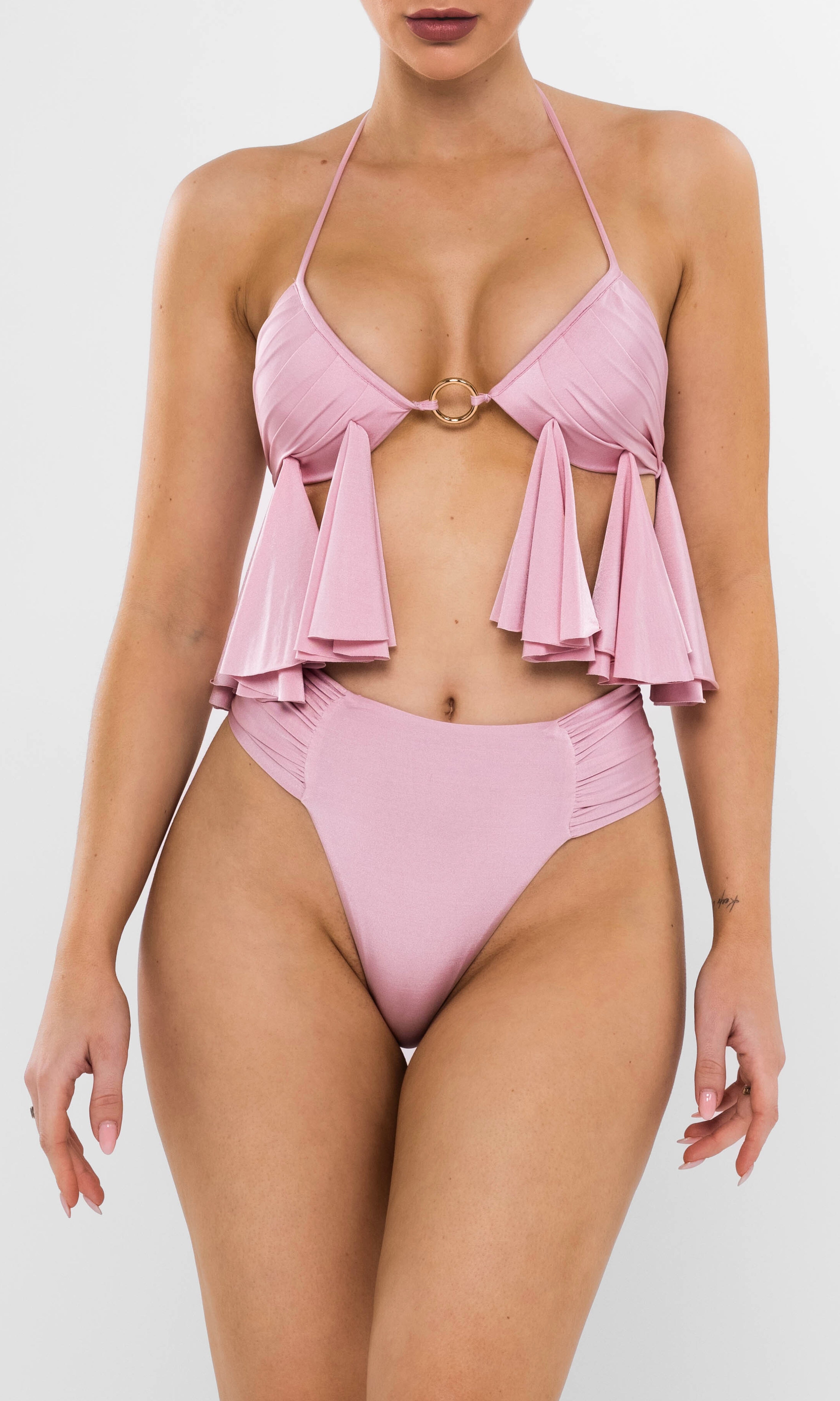 Antoninias Aurelia sustainable pink bikini top with flowy layered drapes and central gold ring, crafted for luxury beachwear and elegant resort fashion.