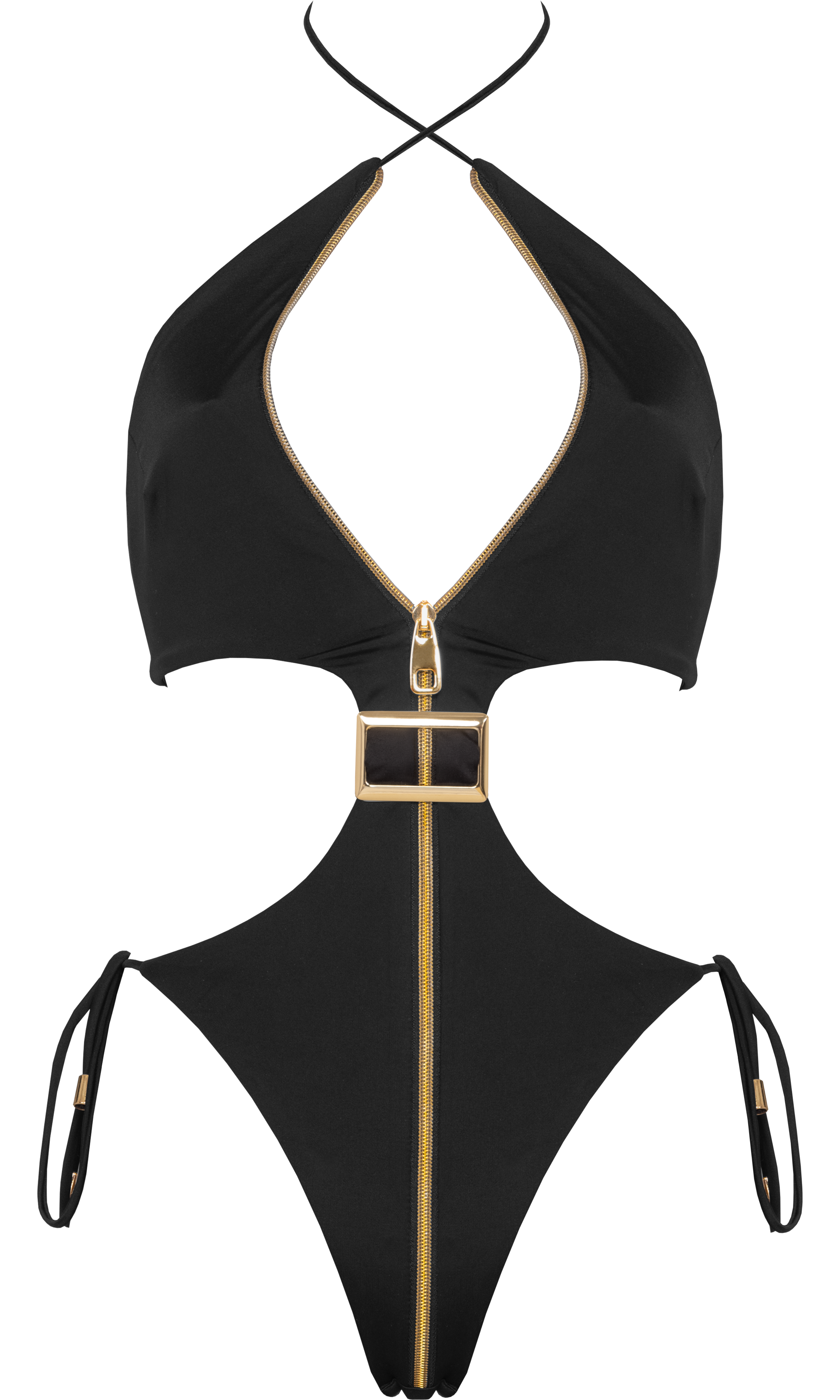 Antoninias Cynus sustainable one-piece swimwear with dramatic cut-outs, gold-tone buckle, and zip-front closure, ideal for luxury womenswear and elevated beach fashion.