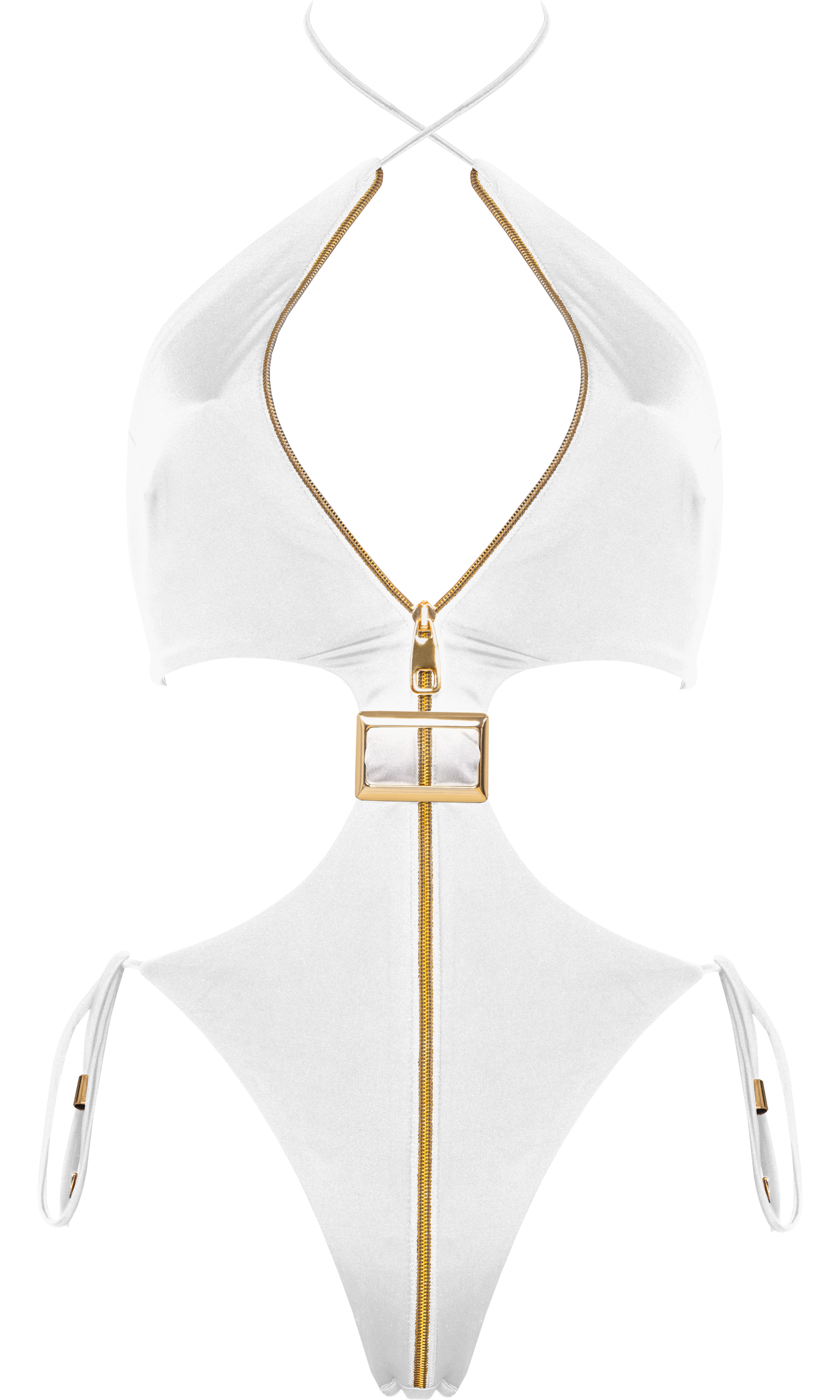 Model wearing white Cynus luxury sustainable one-piece swimsuit by Antoninias, featuring bold cut-outs, a front zipper, and gold buckle accents, perfect for premium designer resort wear.