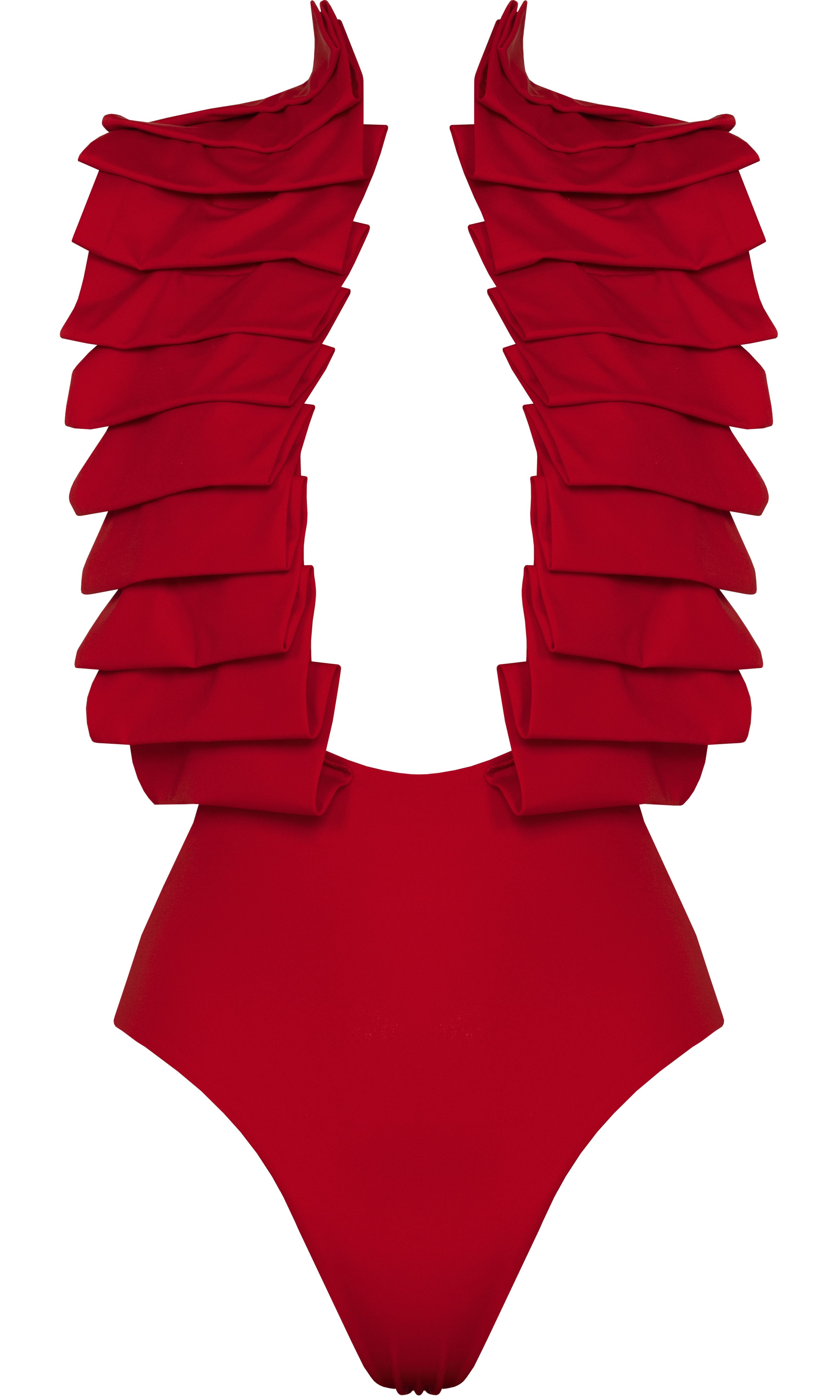 Antoninias Dahlia sustainable one-piece swimsuit with statement ruffles and gold chain accents, perfect for luxury resortwear and sophisticated womenswear.