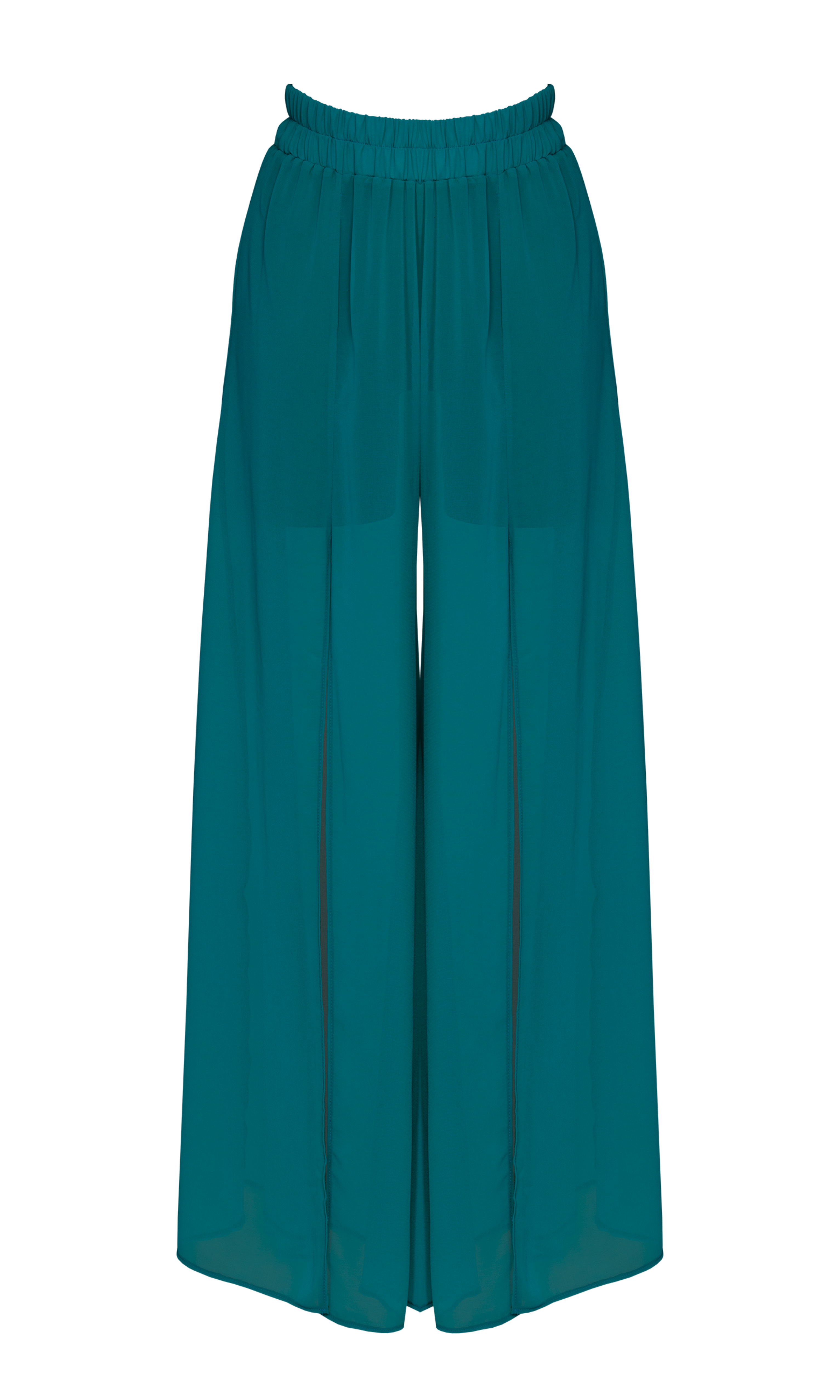 Luxury sustainable Elysia pants in petrol color by Antoninias, featuring a flowy wide-leg silhouette with dramatic slits, crafted for premium resort wear and sophisticated womenswear.