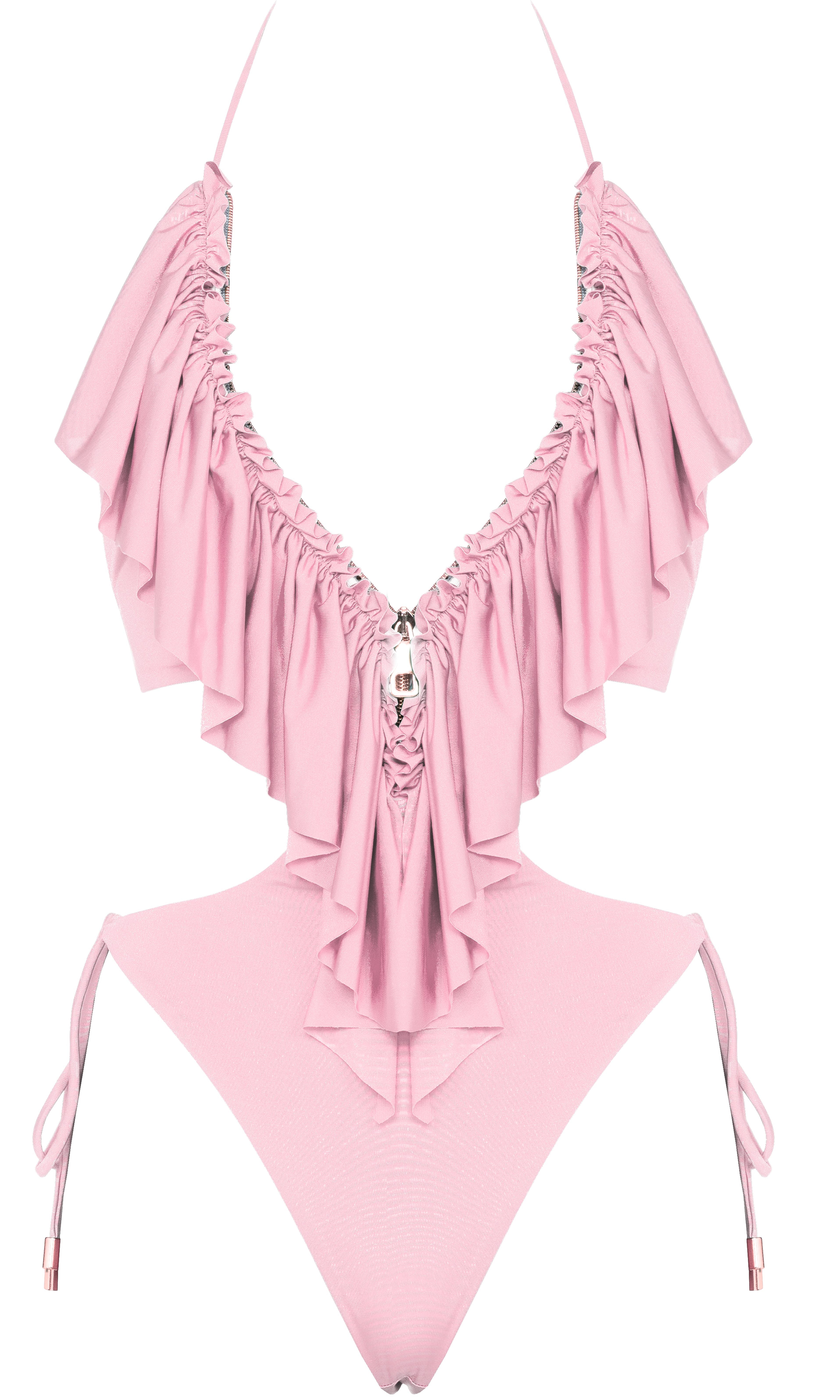 Luxury sustainable Hortenzis one-piece swimsuit in pink by Antoninias, featuring cascading ruffle details and side-tie fastenings, crafted for premium resort wear and elegant designer swimwear.