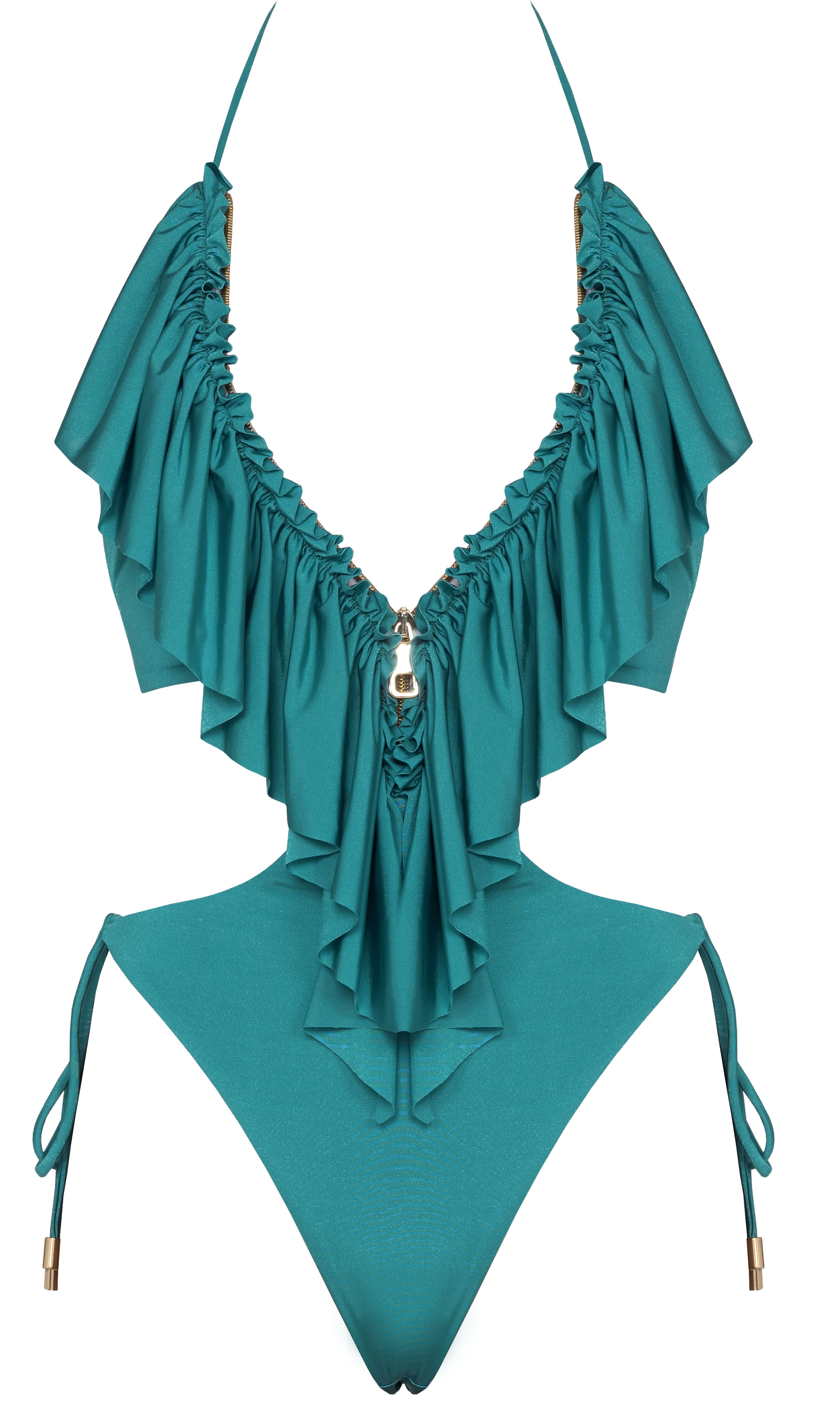 Luxury sustainable Hortezis one-piece swimsuit in petrol by Antoninias, featuring cascading ruffle details and bold side cut-outs, perfect for premium resort wear and sophisticated designer swimwear.