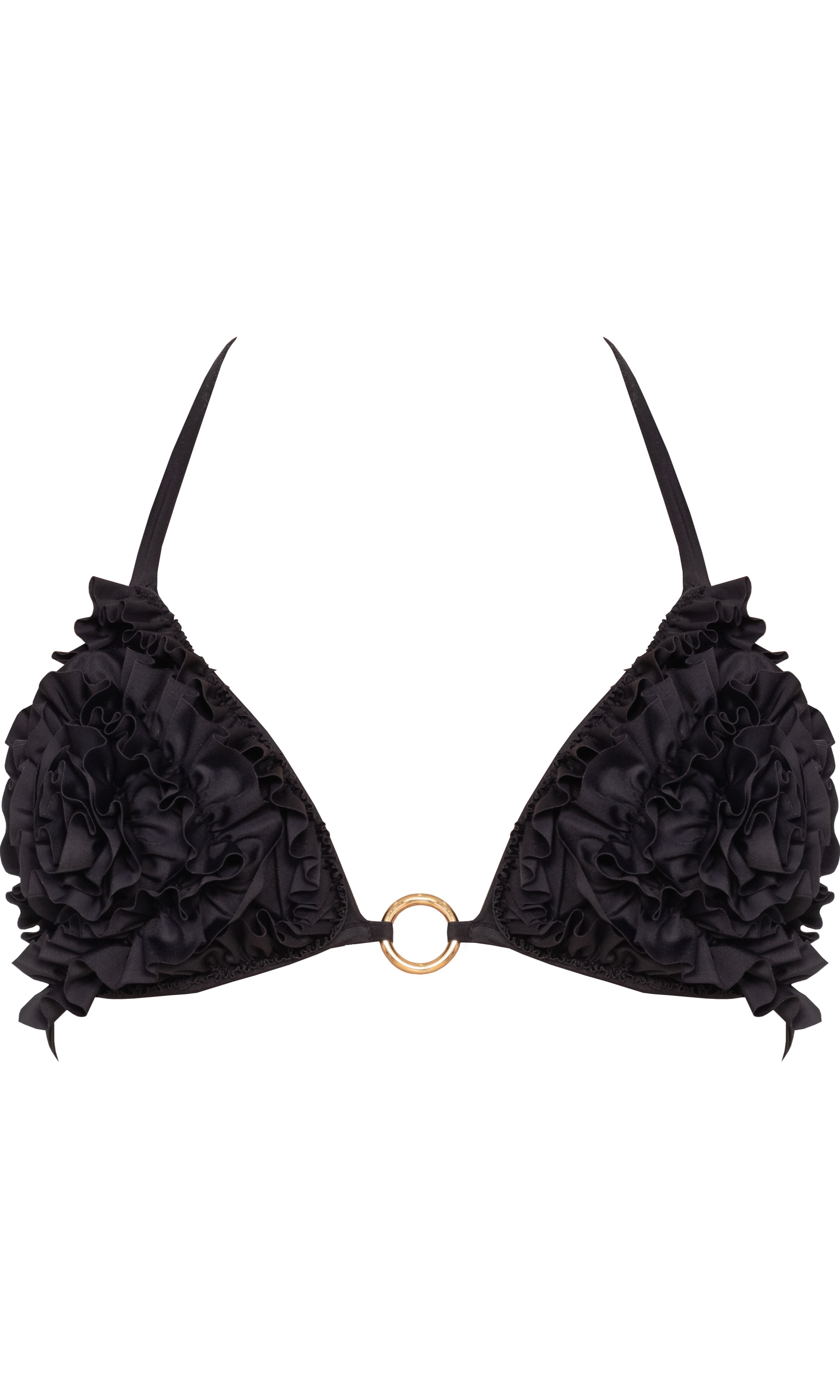 Antoninias Rose sustainable bikini top with luxurious ruffles and gold rings, crafted for upscale womenswear and designer resort swimwear.