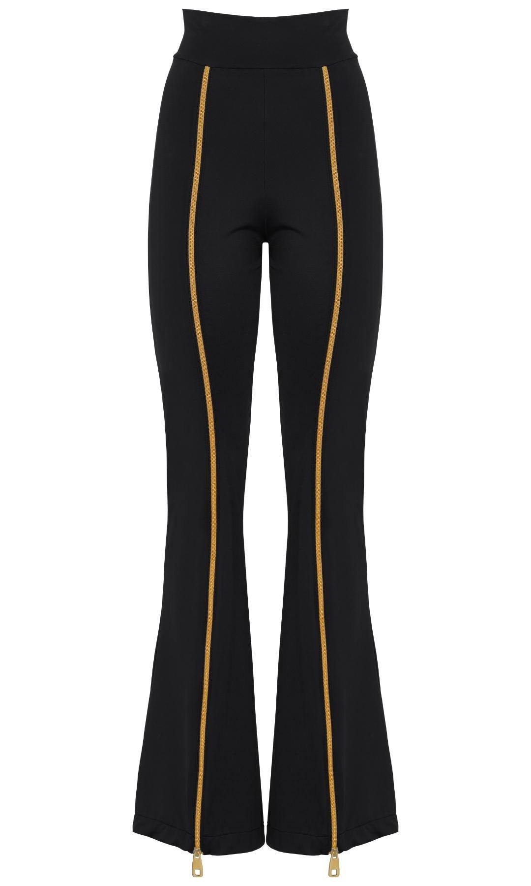 High-waisted black Zipnisa pants with golden zip detailing, shown in a sleek, fitted style, made from eco-friendly materials