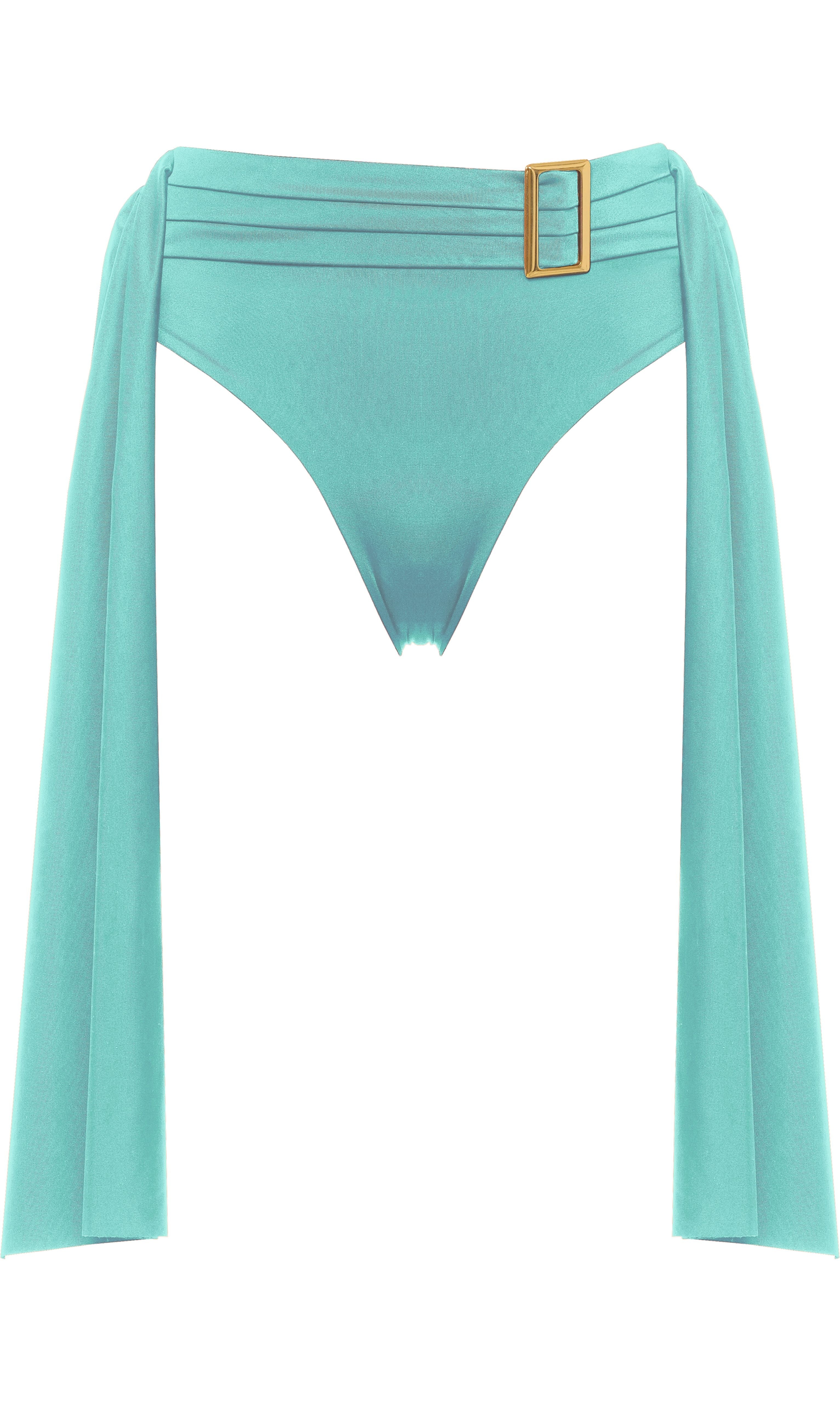 Designer turquoise swim bottom Antoninias high waist bikini bottom with gold buckle detail