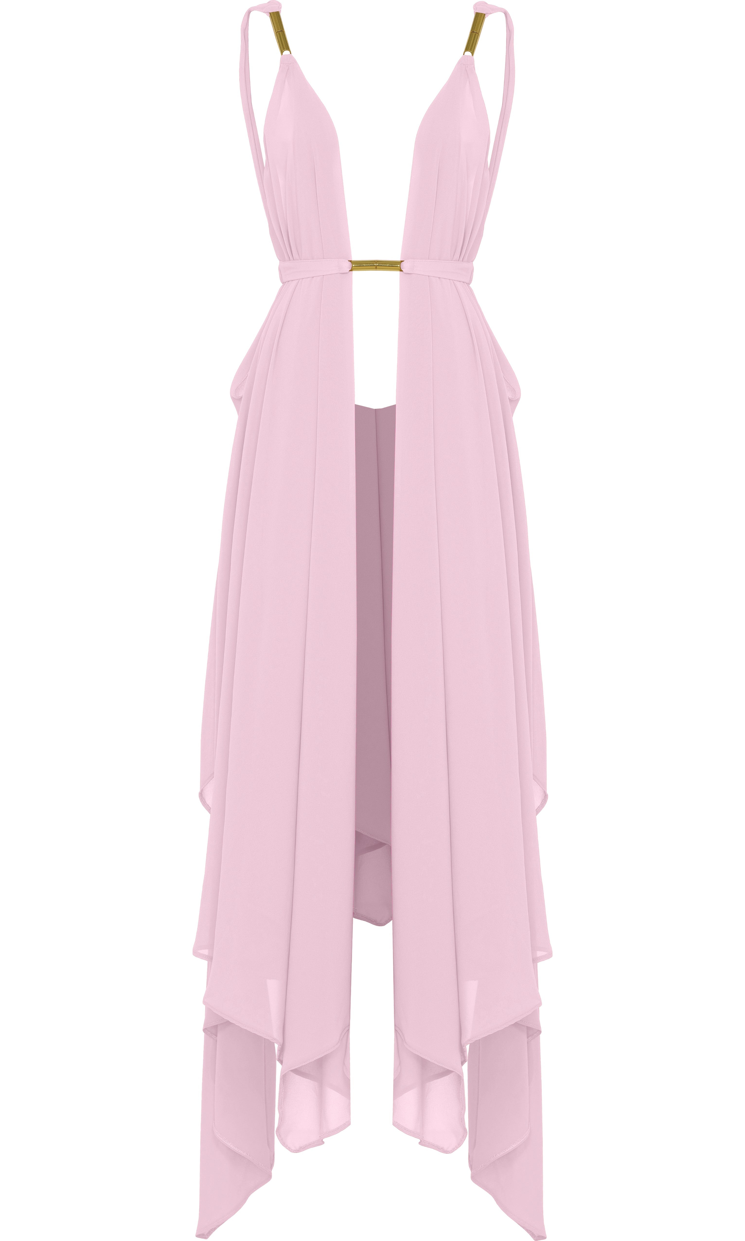 Elegant Clementine coverup in rose by Antoninias, featuring a flowy silhouette with gold details — perfect for beach and resort wear.