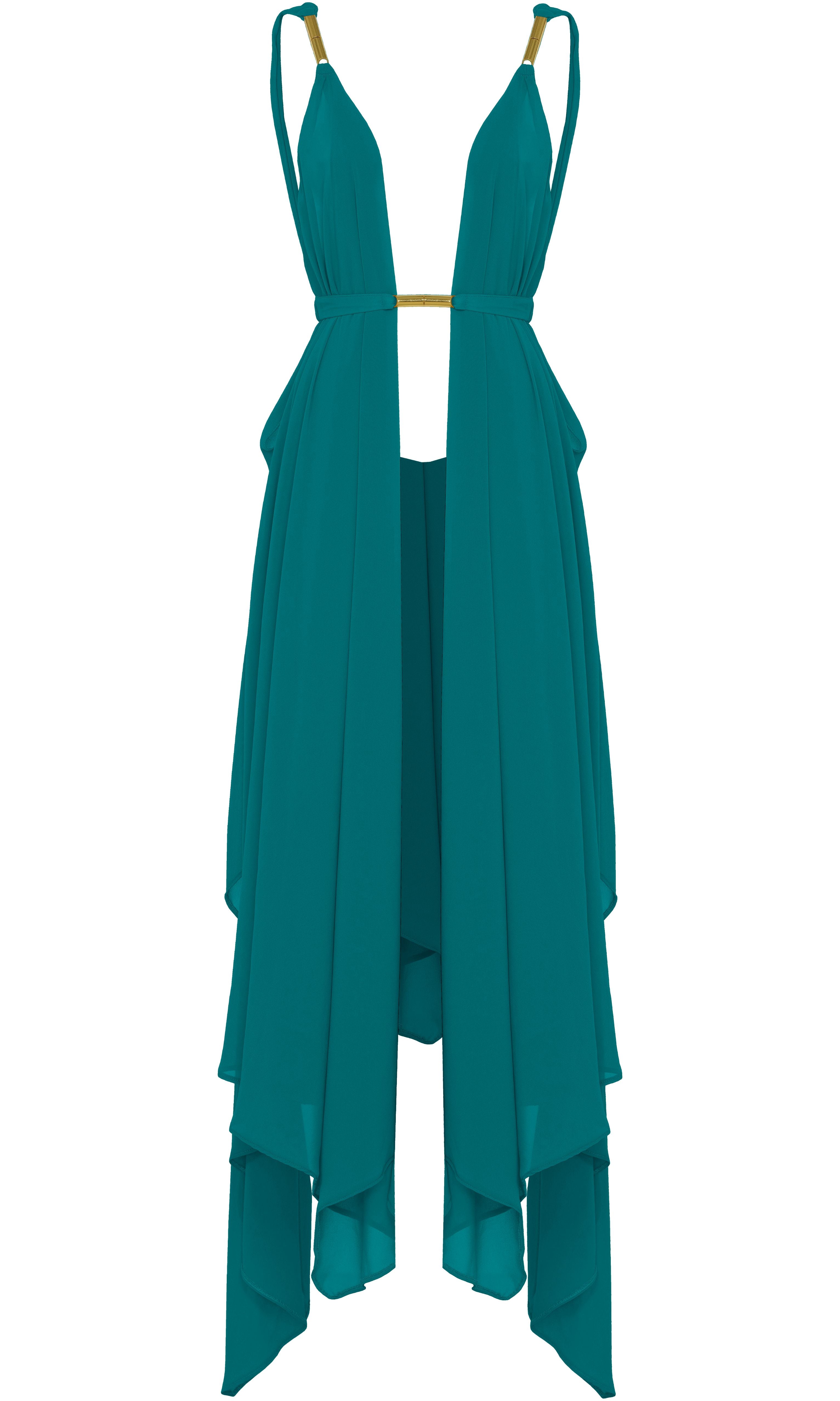 Luxury Clementine beach coverup in petrol by Antoninias, crafted with lightweight fabric and gold-tone accents for an elevated summer style.