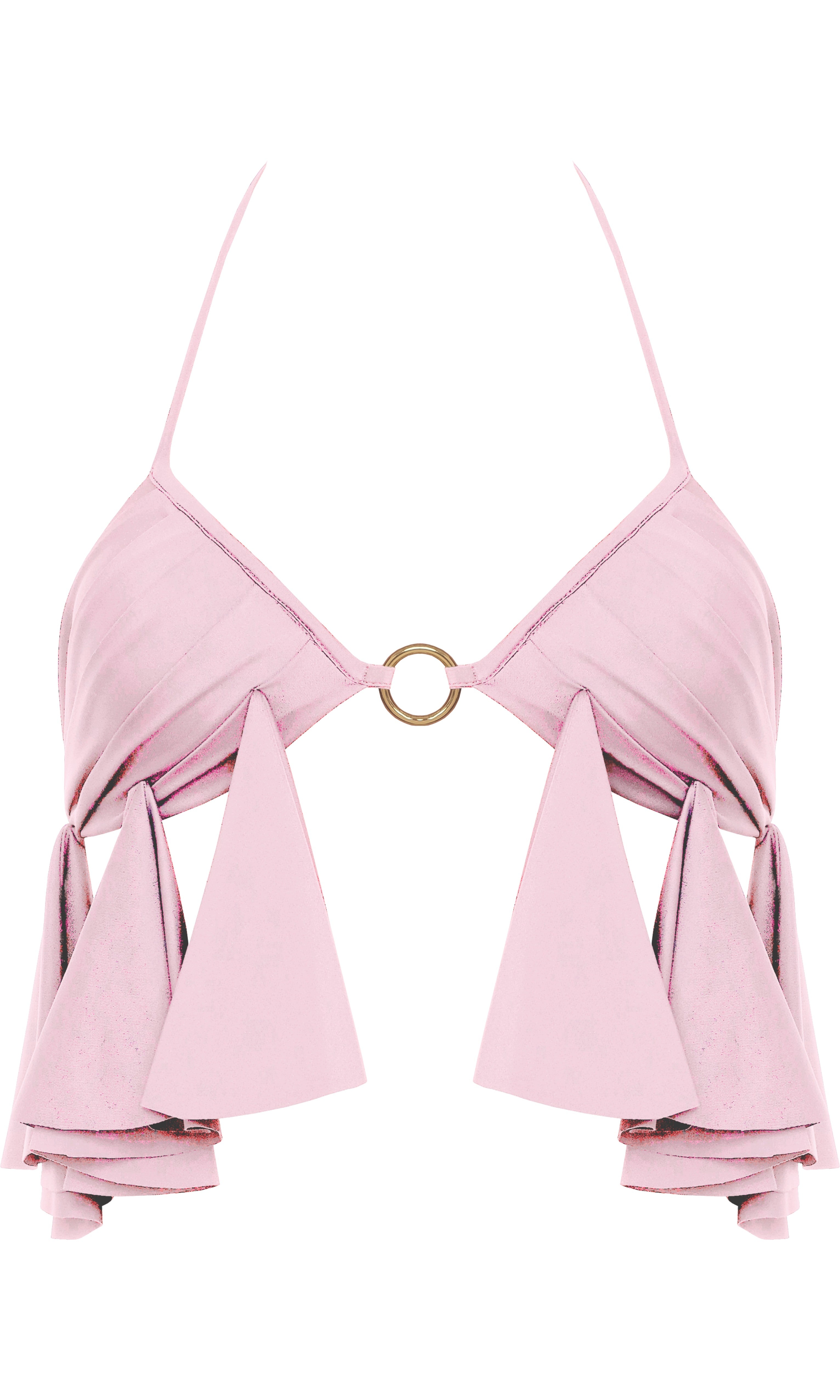 Antoninias Aurelia sustainable pink bikini top with flowy layered drapes and central gold ring, crafted for luxury beachwear and elegant resort fashion.