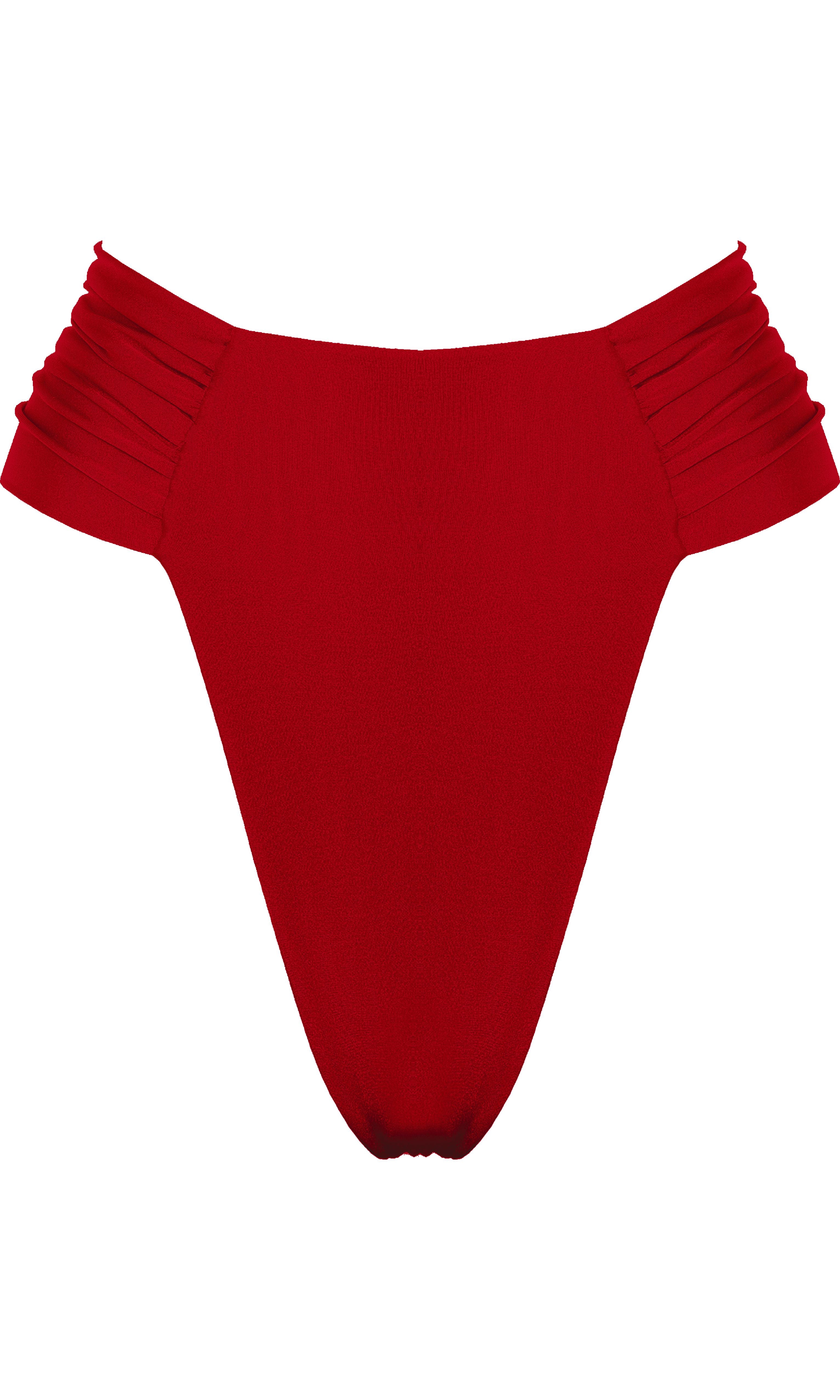 Luxury sustainable red bikini bottom by Antoninias from the Clam collection, featuring a high-cut silhouette with ruched side details, crafted for premium designer swimwear.