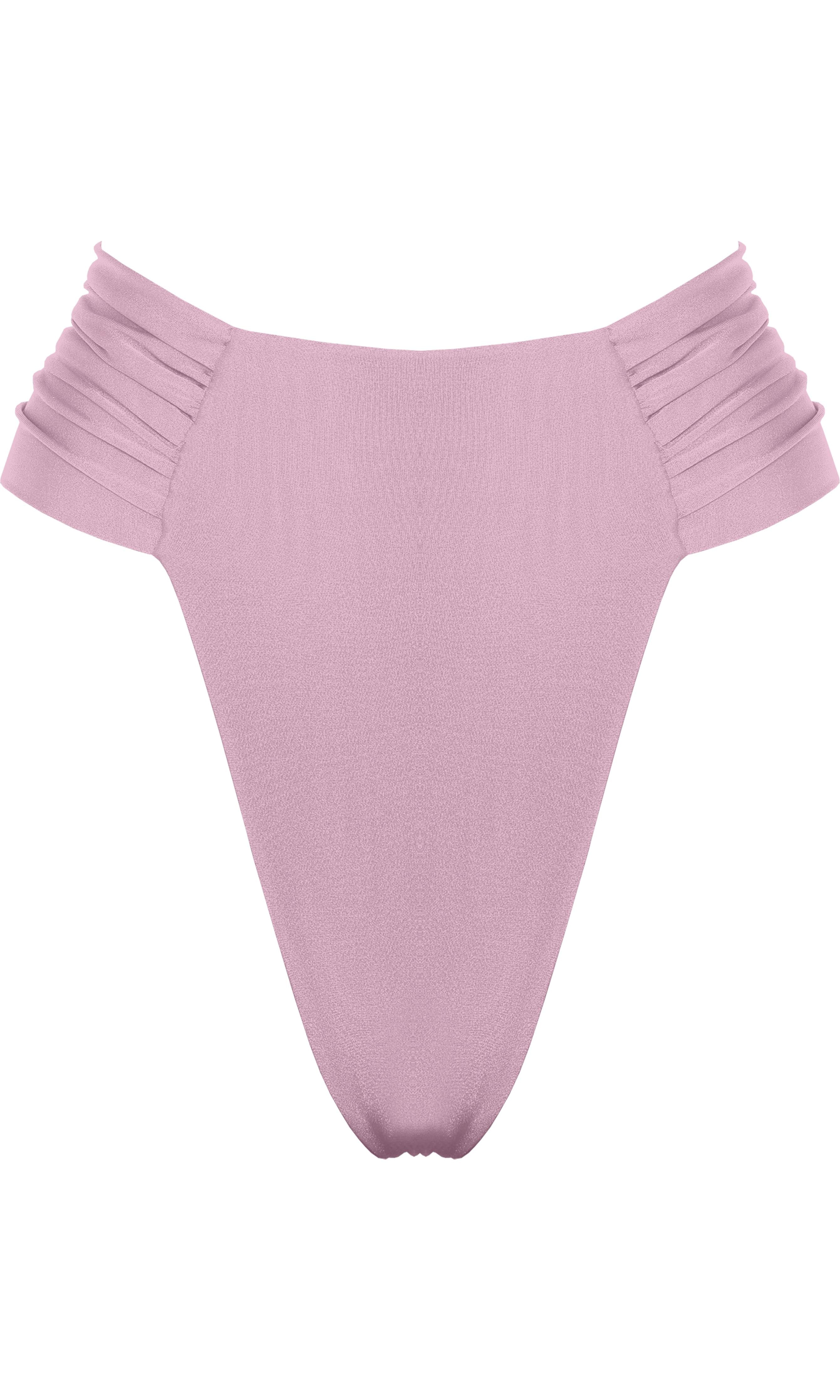 Luxury sustainable Clam bikini bottom in pink by Antoninias, featuring a high-cut design with ruched side details, crafted for premium resort wear and timeless designer swimwear.