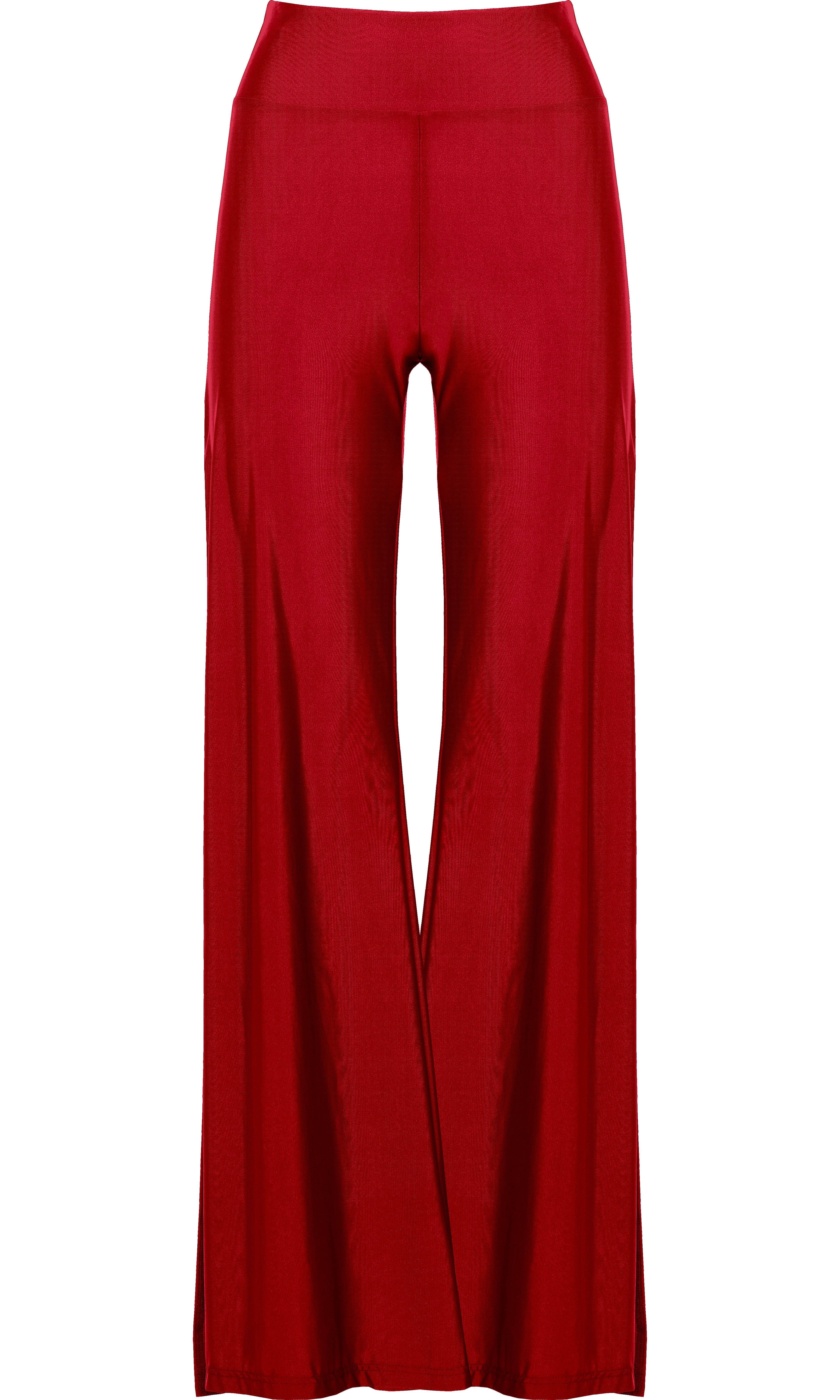 Luxury sustainable red Cleo pants by Antoninias, designed with a high-waisted fit, dramatic front slits, and a flowing silhouette, perfect for premium resort wear and designer womenswear.