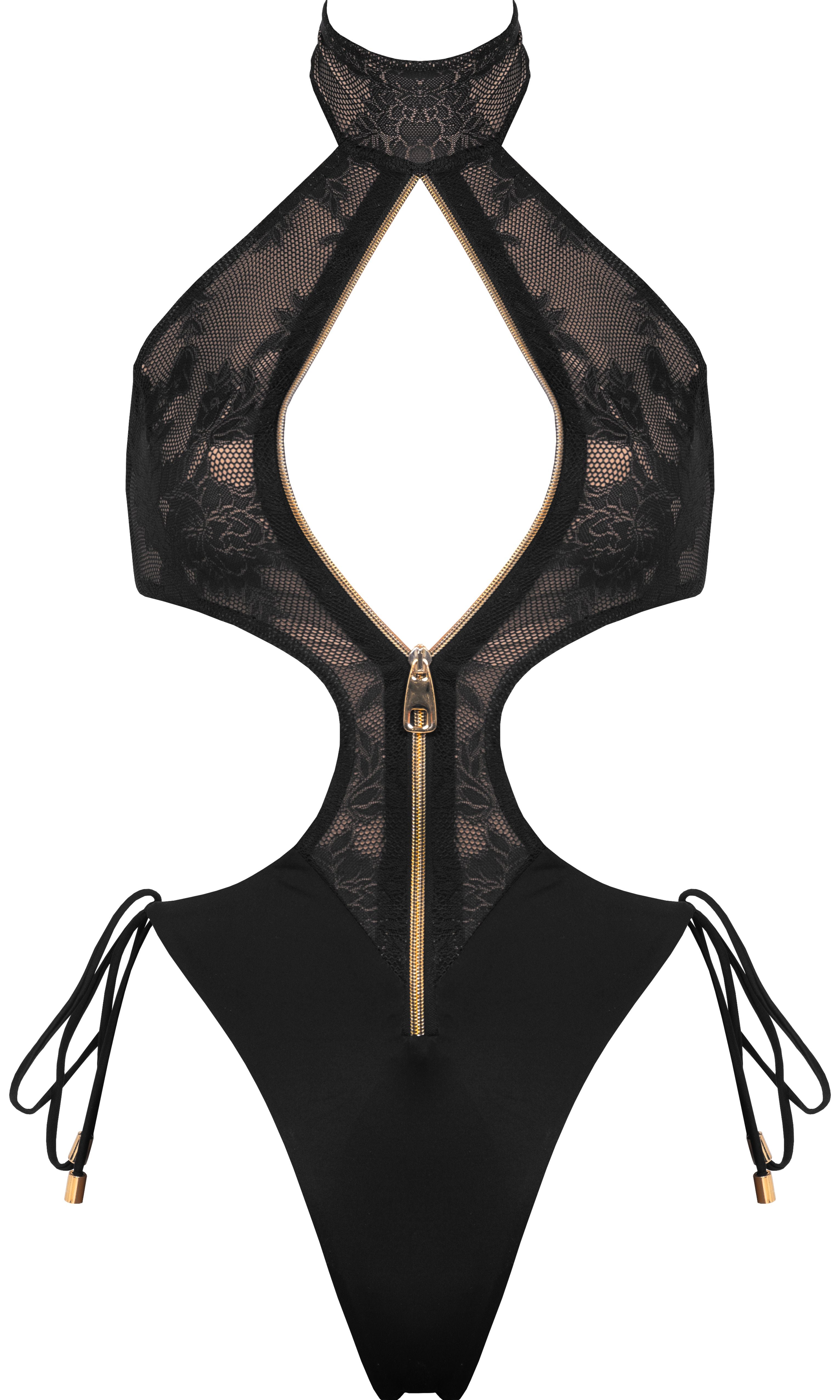 Model wearing Flora luxury sustainable one-piece swimsuit by Antoninias, featuring lace paneling, front zipper, and cut-out details, perfect for premium designer resort wear.