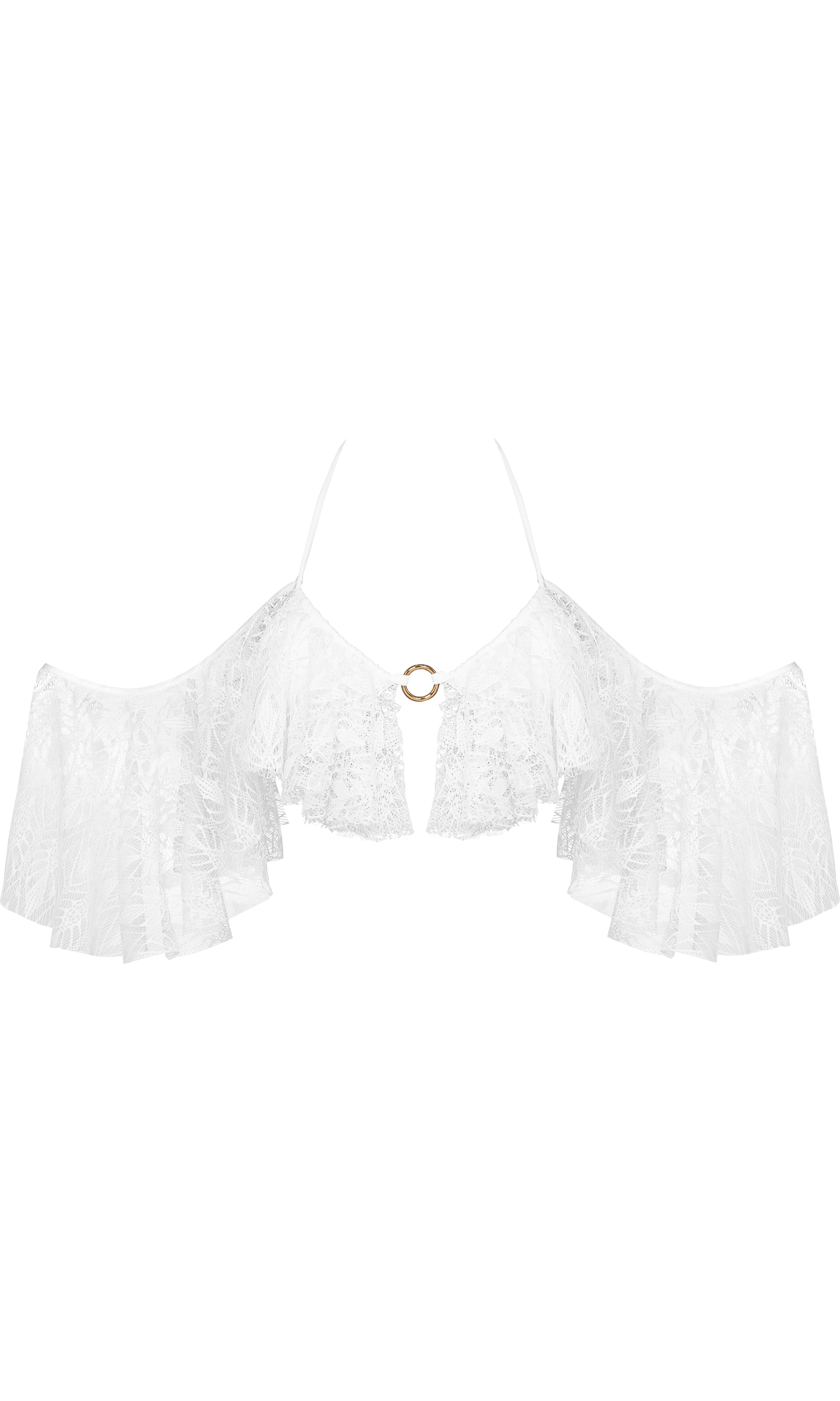 Model wearing Palomas luxury sustainable lace top by Antoninias, featuring delicate ruffles, sheer lace detailing, and gold hardware, designed for elevated resort wear and premium womenswear.