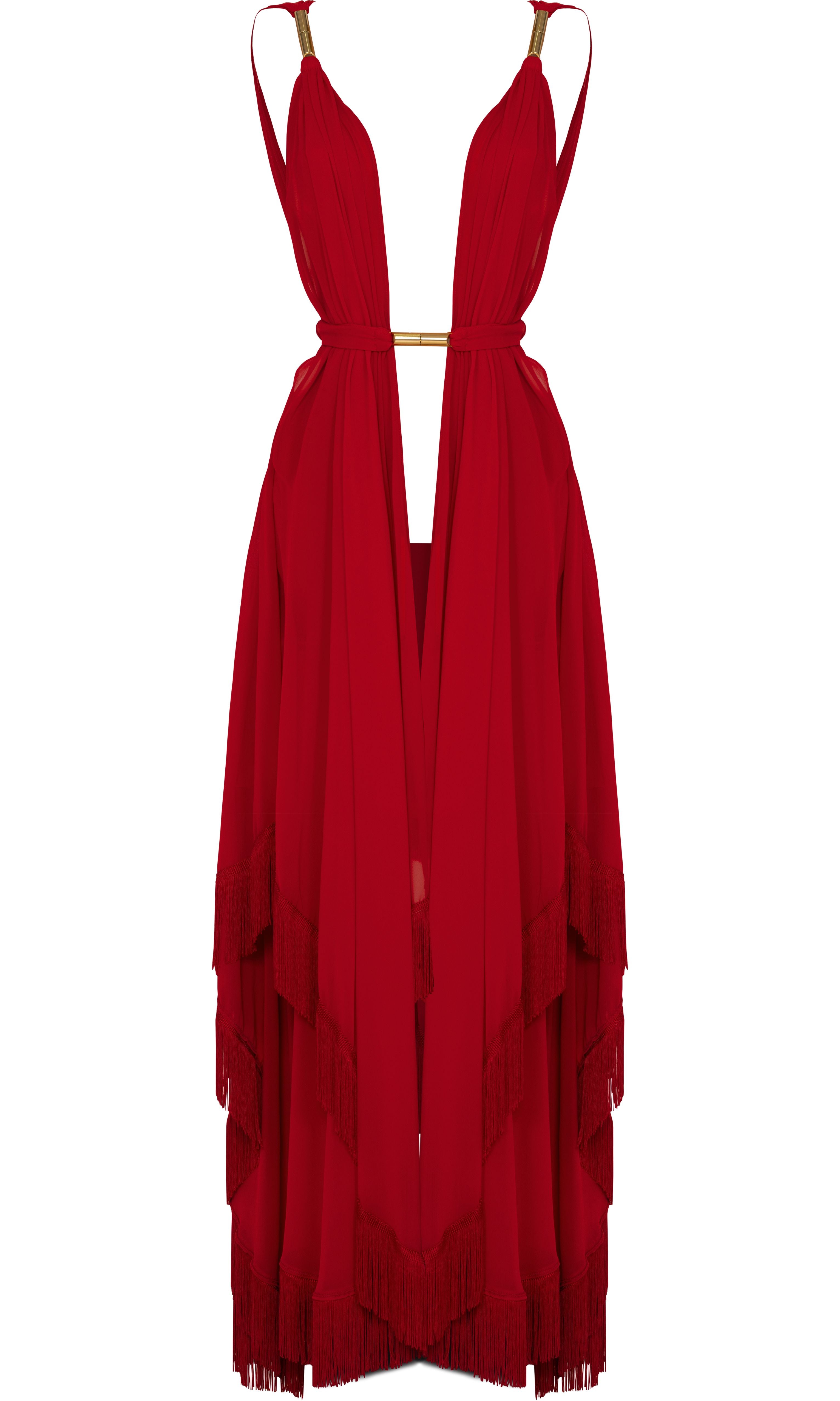 Luxury sustainable Resetius cover-up in red by Antoninias, designed with flowing silhouette, layered fringe hem, and gold-tone belt, perfect for premium resort wear and sophisticated womenswear.