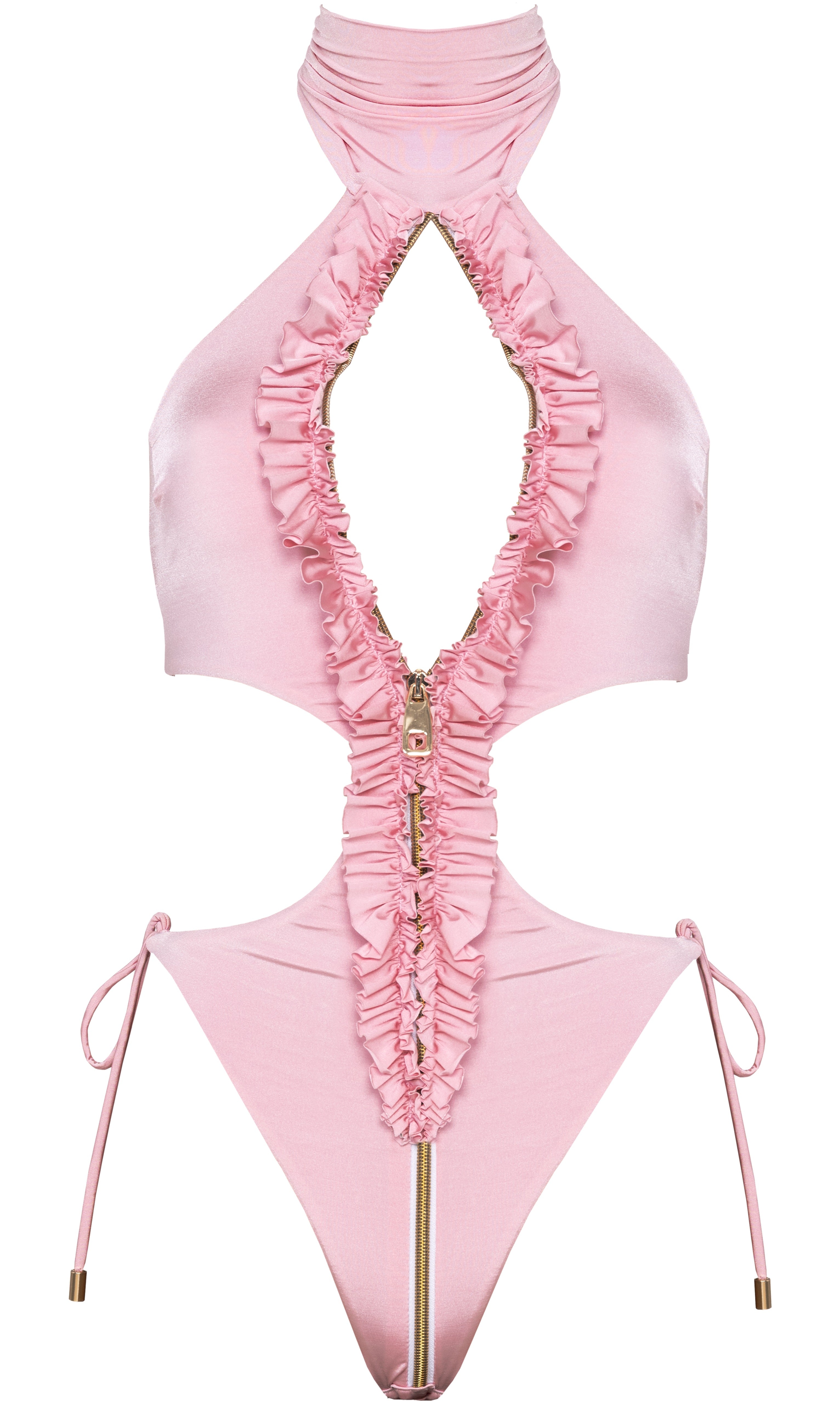 Luxury sustainable Spring one-piece swimsuit in pink by Antoninias, featuring ruffle detailing, bold cut-out sides, and a front zipper, crafted for premium resort wear and elegant designer swimwear.