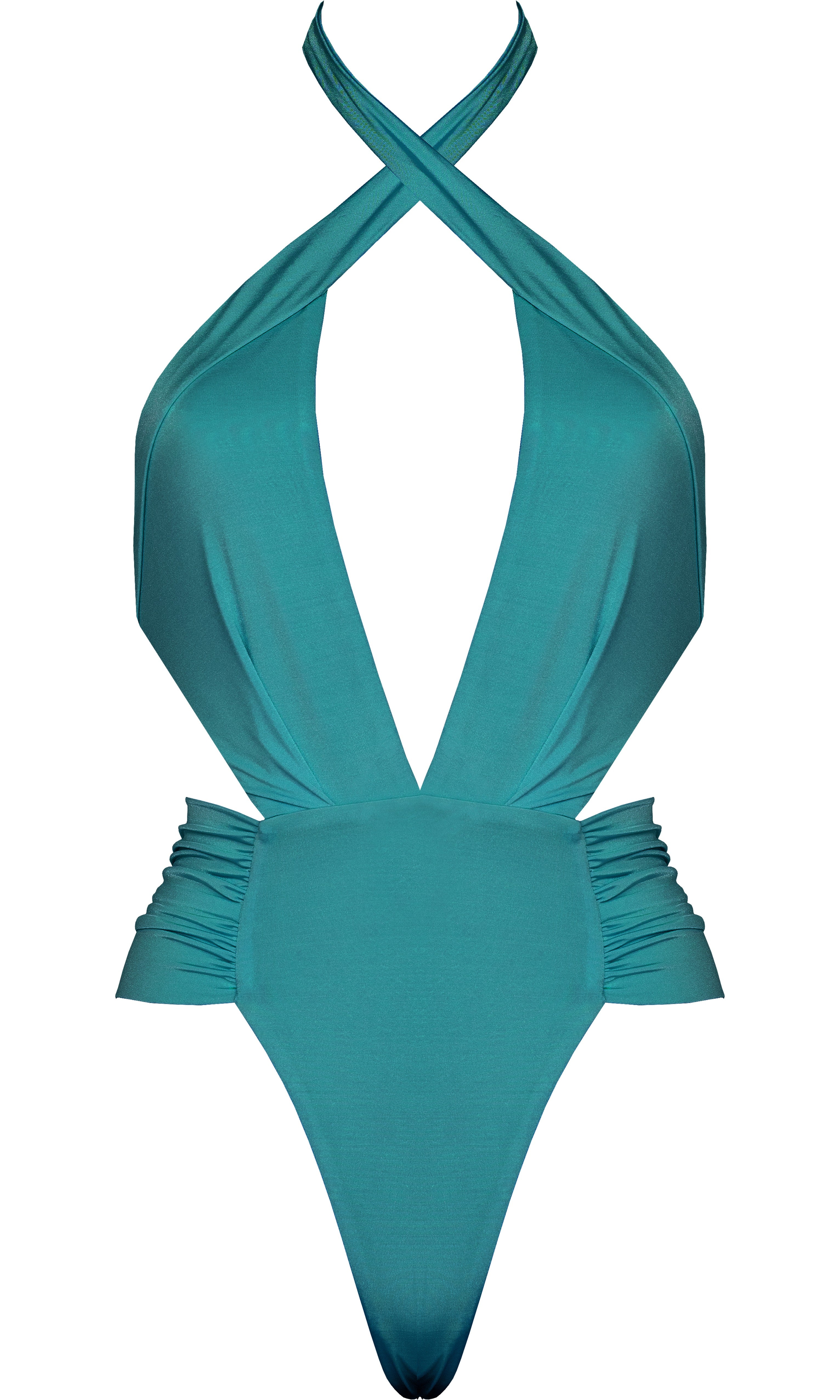 Melanie one-piece swimsuit in petrol by Antoninias, showcasing a sophisticated silhouette with ruched details and a cross-neckline — perfect for luxury beach days.