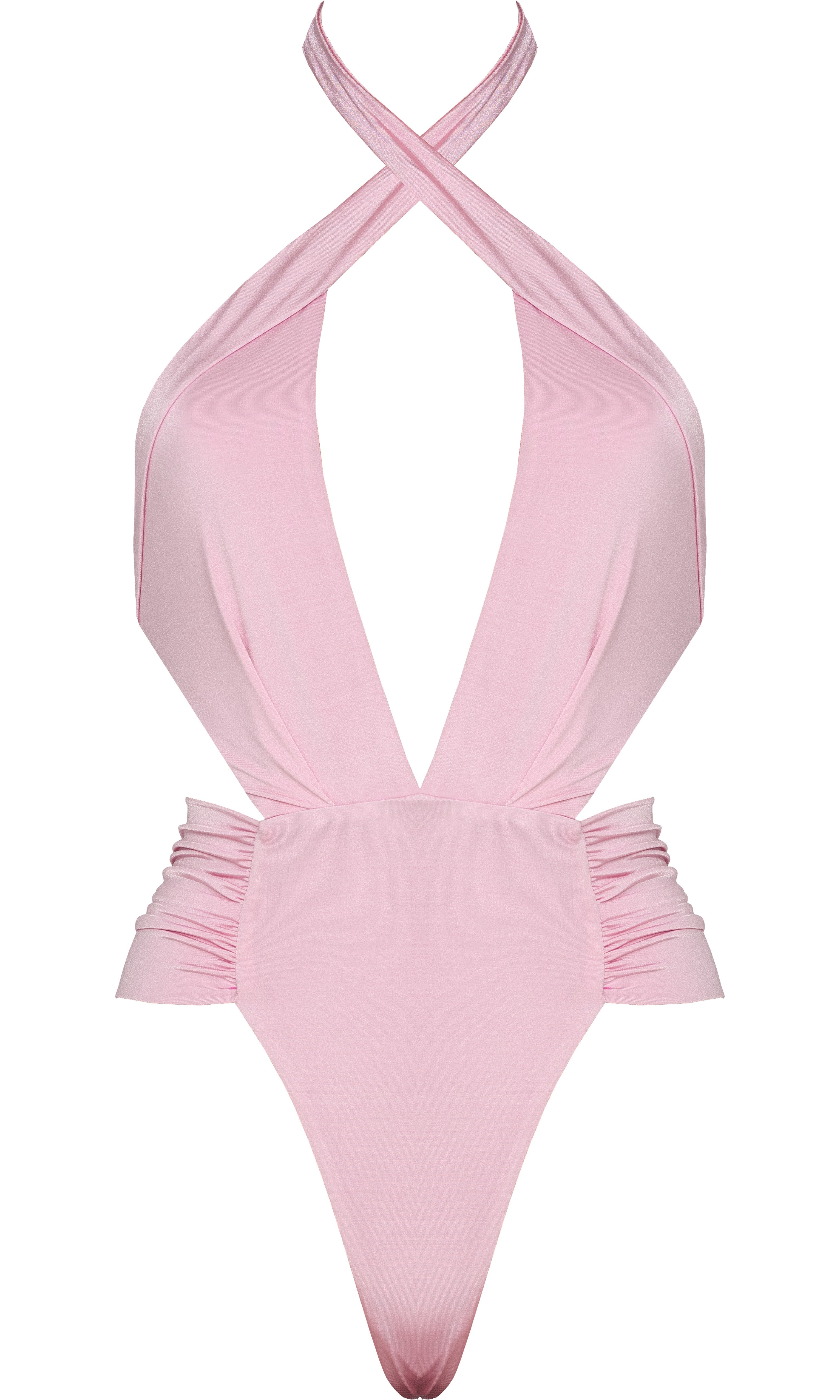 Melanie one-piece swimsuit in rose by Antoninias, featuring a cross-neck design with a flattering ruched waist — elegant and chic resortwear.